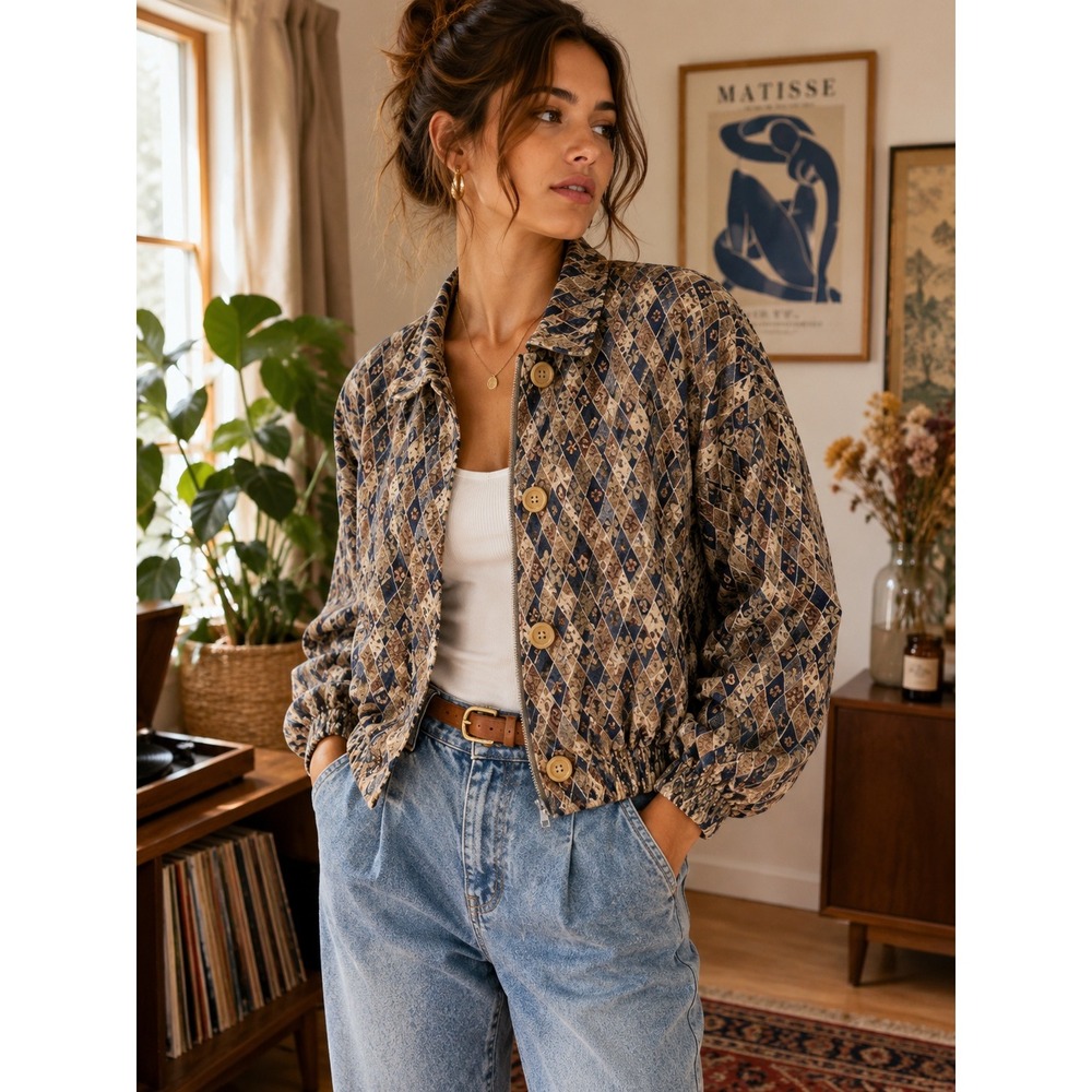 Vintage Stunt Petite Diamond Print Bomber Jacket Lightweight Blue